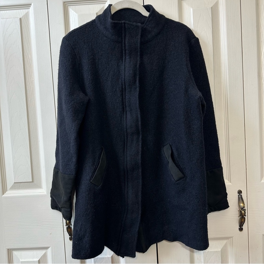 Karl Lagerfeld Black Wool Blend Stand Collar Hidden Zip Up Coat Womens Size L